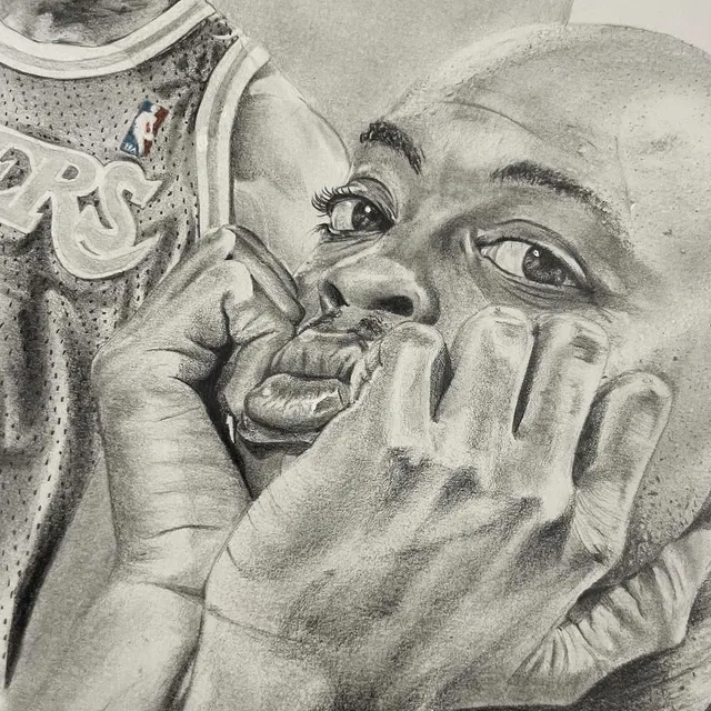 Close-up of the drawing, showing the shading work on Nick Van Exel's face.