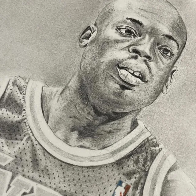 Detail of the drawing showing the Lakers jersey and the NBA logo on the shoulder.
