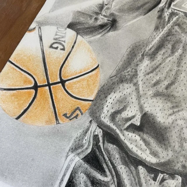 Close-up of the basketball in the drawing.